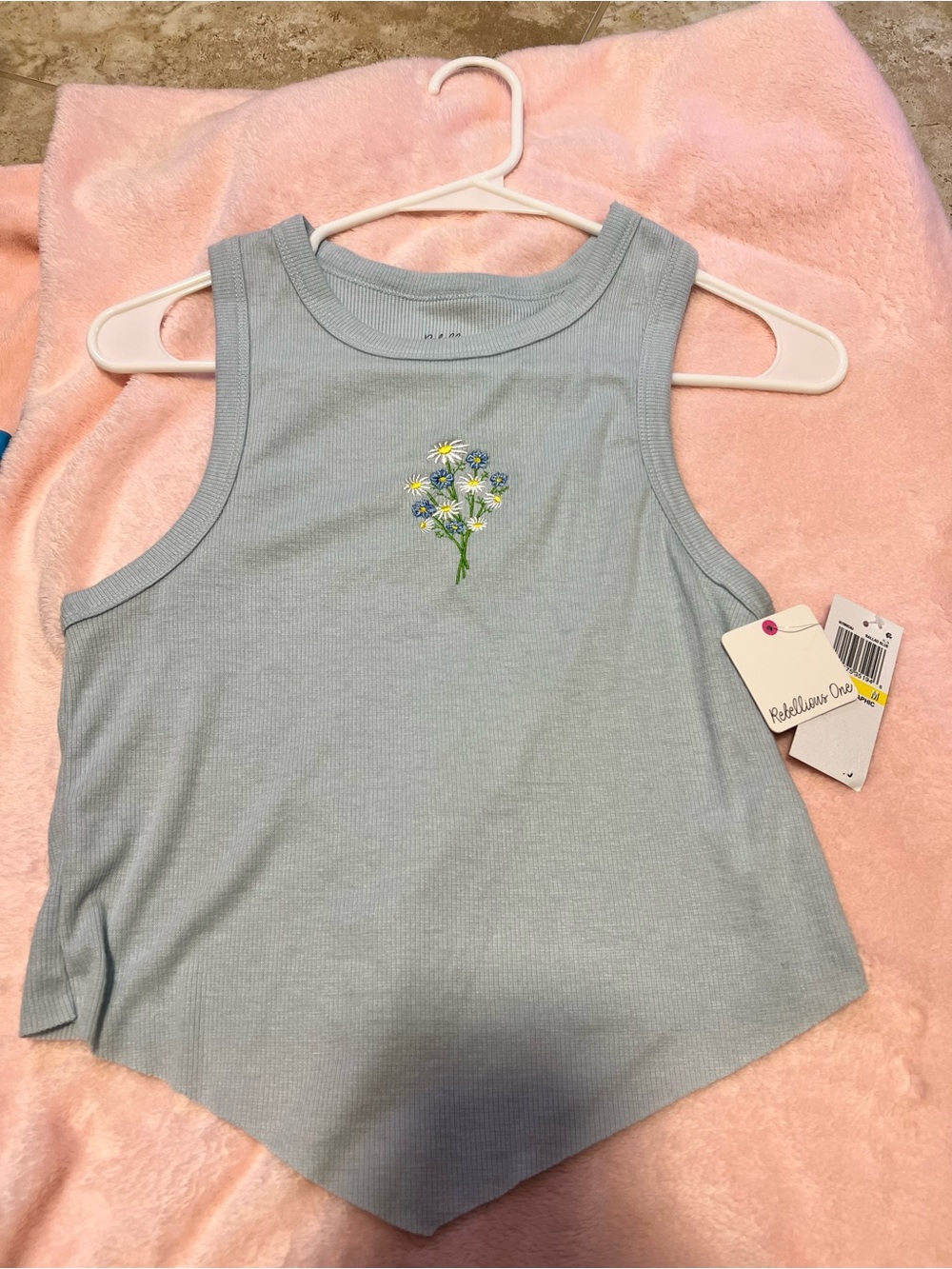 Light Blue Ribbed Tank Top with Dainty Daisy Embroidery Rebellious one NWT
